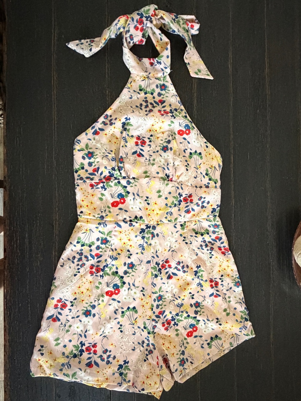 Floral Halter Romper - Cream with Multicolor Floral Print